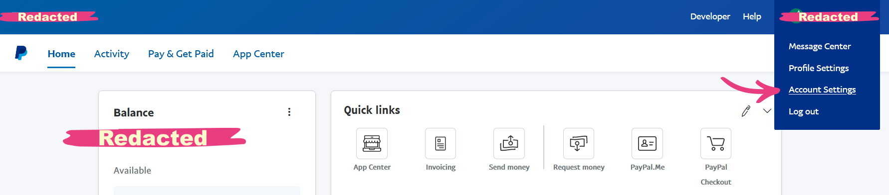 Account Settings in PayPal Redacted