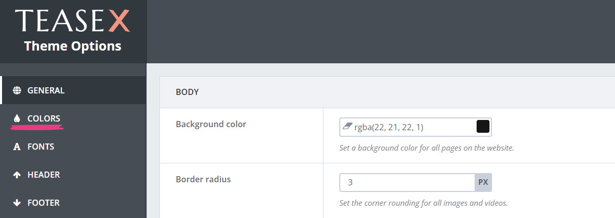 TeaseX - Theme Options Select Colors