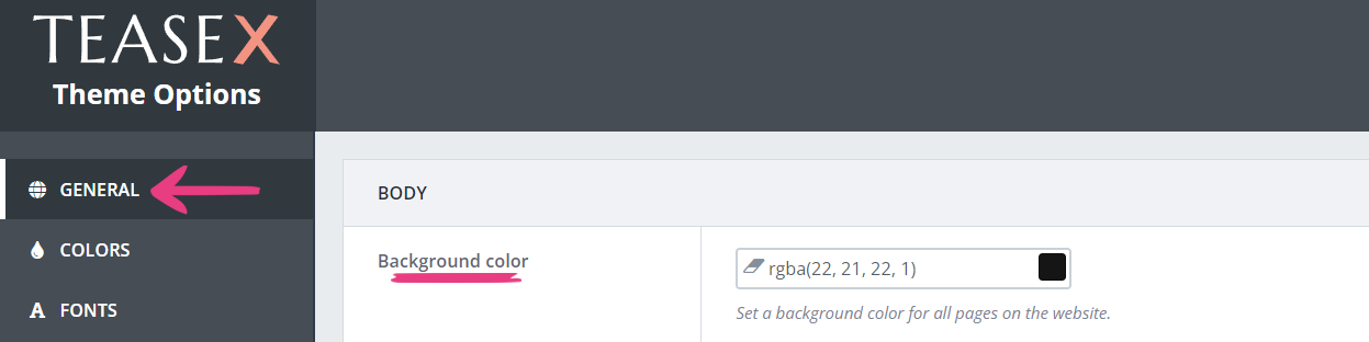 TeaseX Theme Options General Background Color